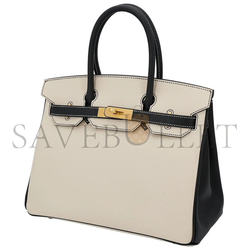 HERMES MASTER BIRKIN 30 EPSOM SELLIER MILKSHAKE WHITE AND BLACK SILVER BUCKLE H028368CK5Z (30*23*15cm)